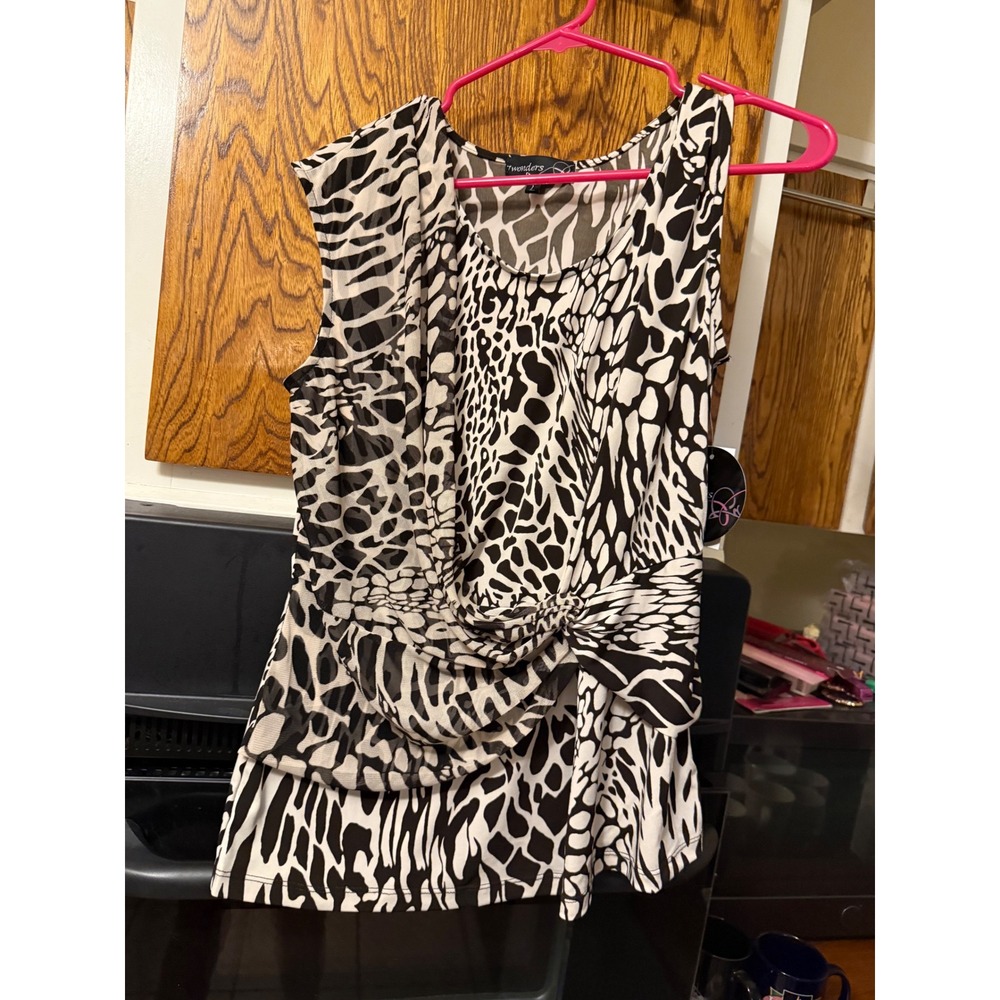 7 Wonders Animal Print Sleeveless‎ Draped Knot Front Blouse Brown Ivory L NEW